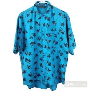 Vintage 80s Le Tigre Mens Palm Tree Print Short Sleeve Button Down Medium